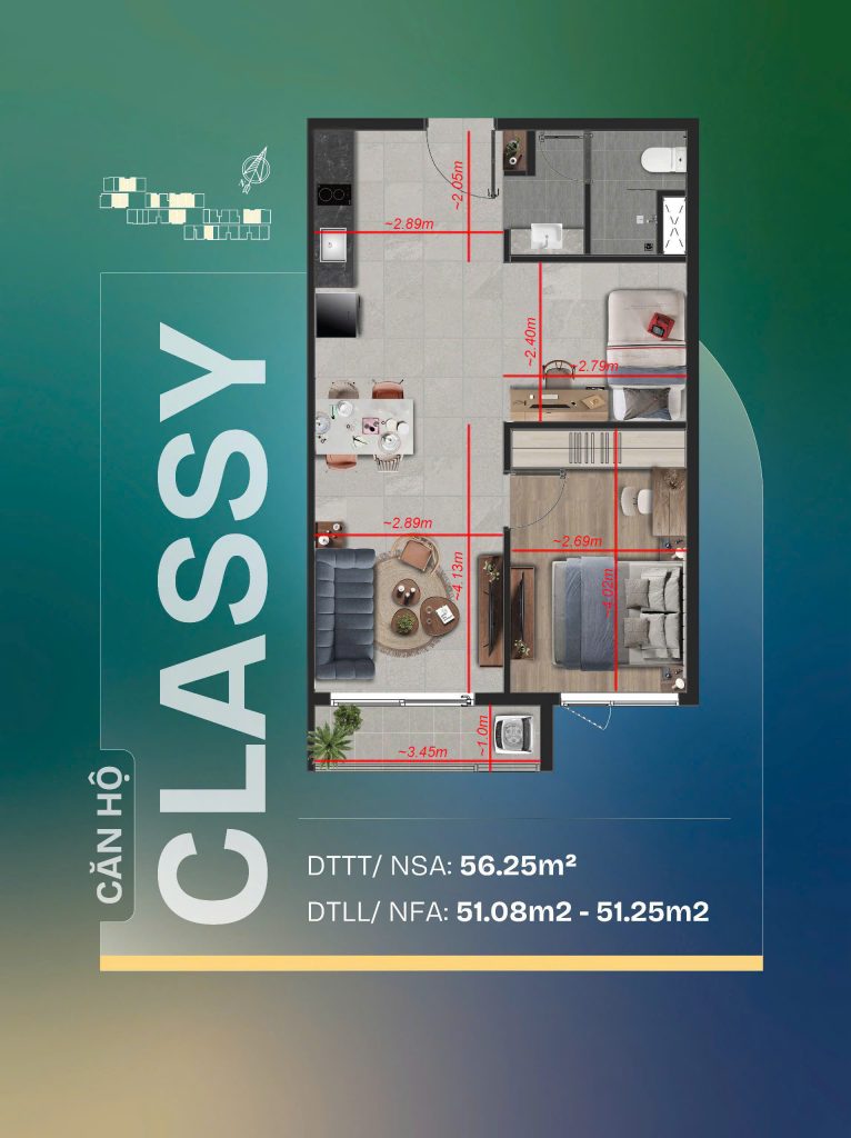 Kích thước căn hộ 1pn+ tt avio