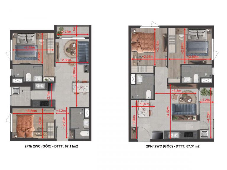 Kích thước căn hộ 2pn góc tt avio