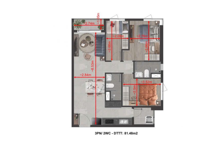 Kích thước căn hộ 3pn tt avio