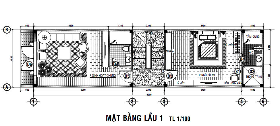 Mặt bằng lầu 1 Khu đô thị Thủ Thừa Phú Thanh Residence